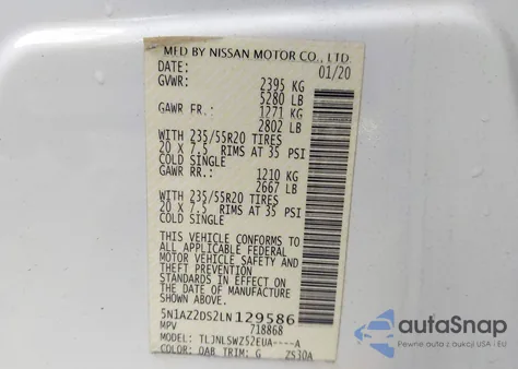 2020 Nissan Murano Platinum Intelligent Awd z USA, uszkodzony, nr VIN 5N1AZ2DS2LN129586